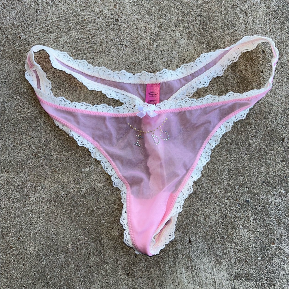 Rhinestone “I Do” Bridal Thong Lace Pink M Medium Betsey Johnson Embellished